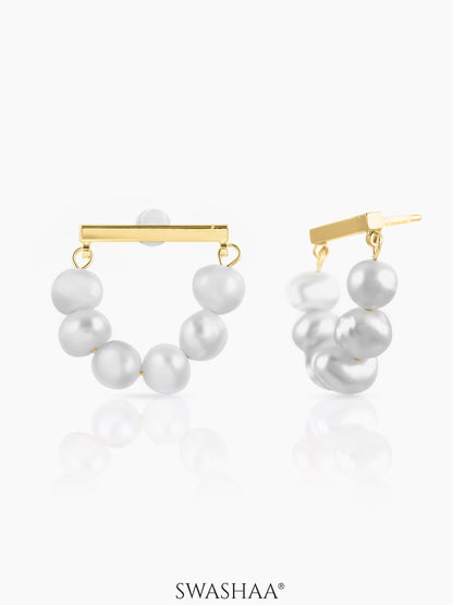 Akoya Pearl Hoops Gold Tone Bar 18K Gold Plated Earrings