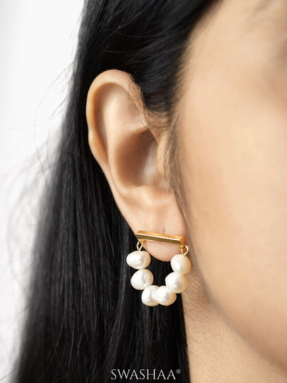 Akoya Pearl Hoops Gold Tone Bar 18K Gold Plated Earrings