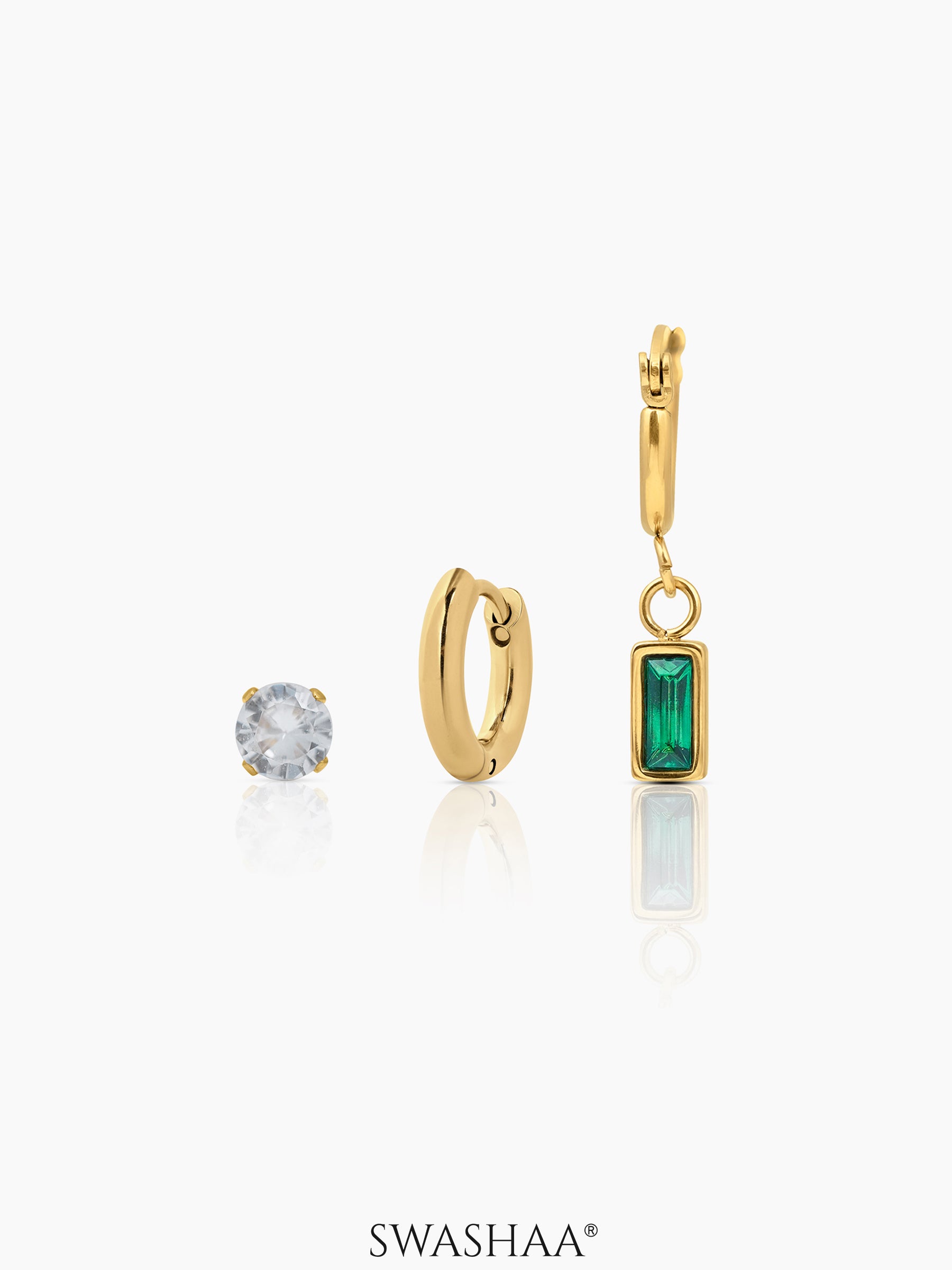 Alara Emerald Green Drop Charm Hoop 18K Gold Plated Earrings Set