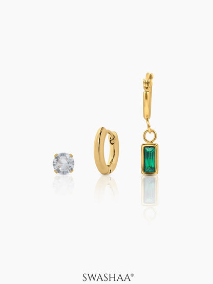 Alara Emerald Green Drop Charm Hoop 18K Gold Plated Earrings Set