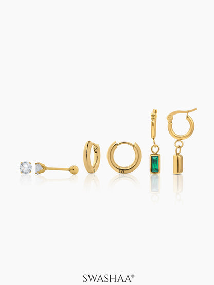 Alara Emerald Green Drop Charm Hoop 18K Gold Plated Earrings Set