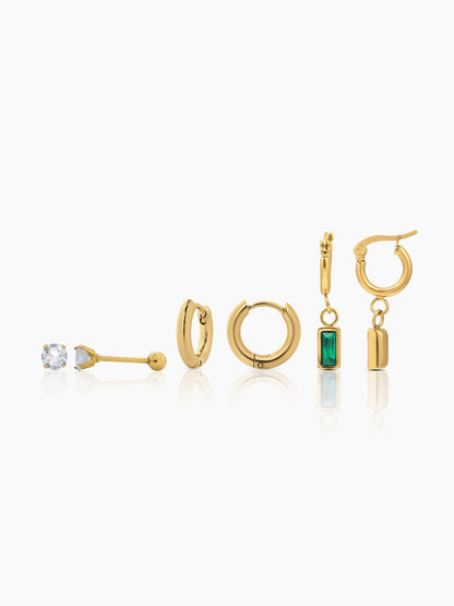 Alara Emerald Green Drop Charm Hoop 18K Gold Plated Women's Stud, Hoop Earrings Set