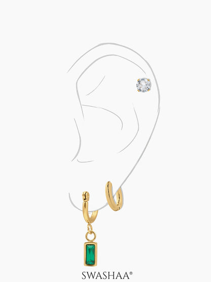 Alara Emerald Green Drop Charm Hoop 18K Gold Plated Earrings Set