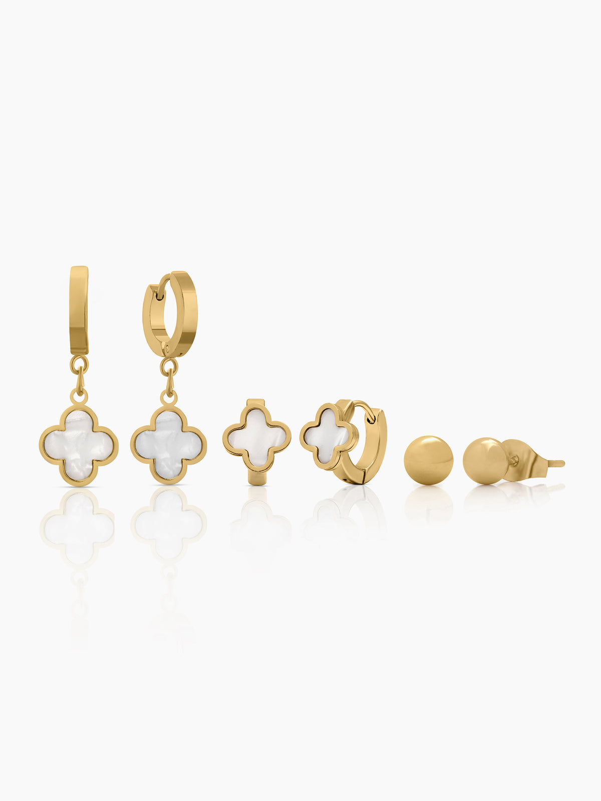 Aldo Beaded Clover Hoop Stud Huggies 18K Gold Plated Women's Earring Set