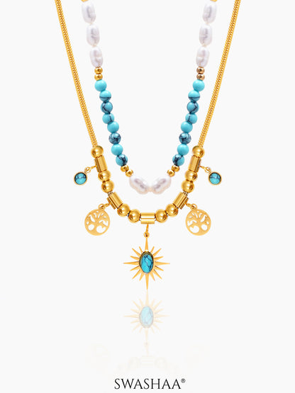Alira Beaded Layered Celestial Turquoise Sun Charm Gold Beads White Pearl 18K Gold Plated Chain Pendant Necklace