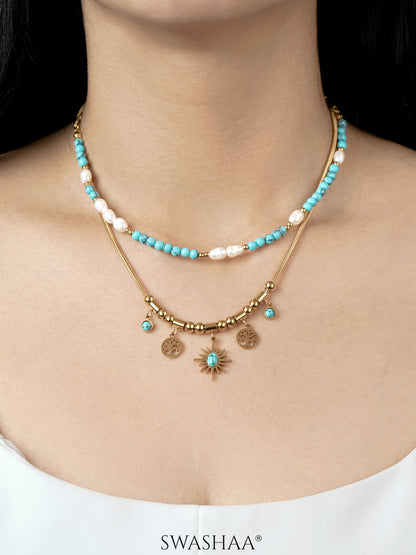 Alira Beaded Layered Celestial Turquoise Sun Charm Gold Beads White Pearl 18K Gold Plated Chain Pendant Necklace