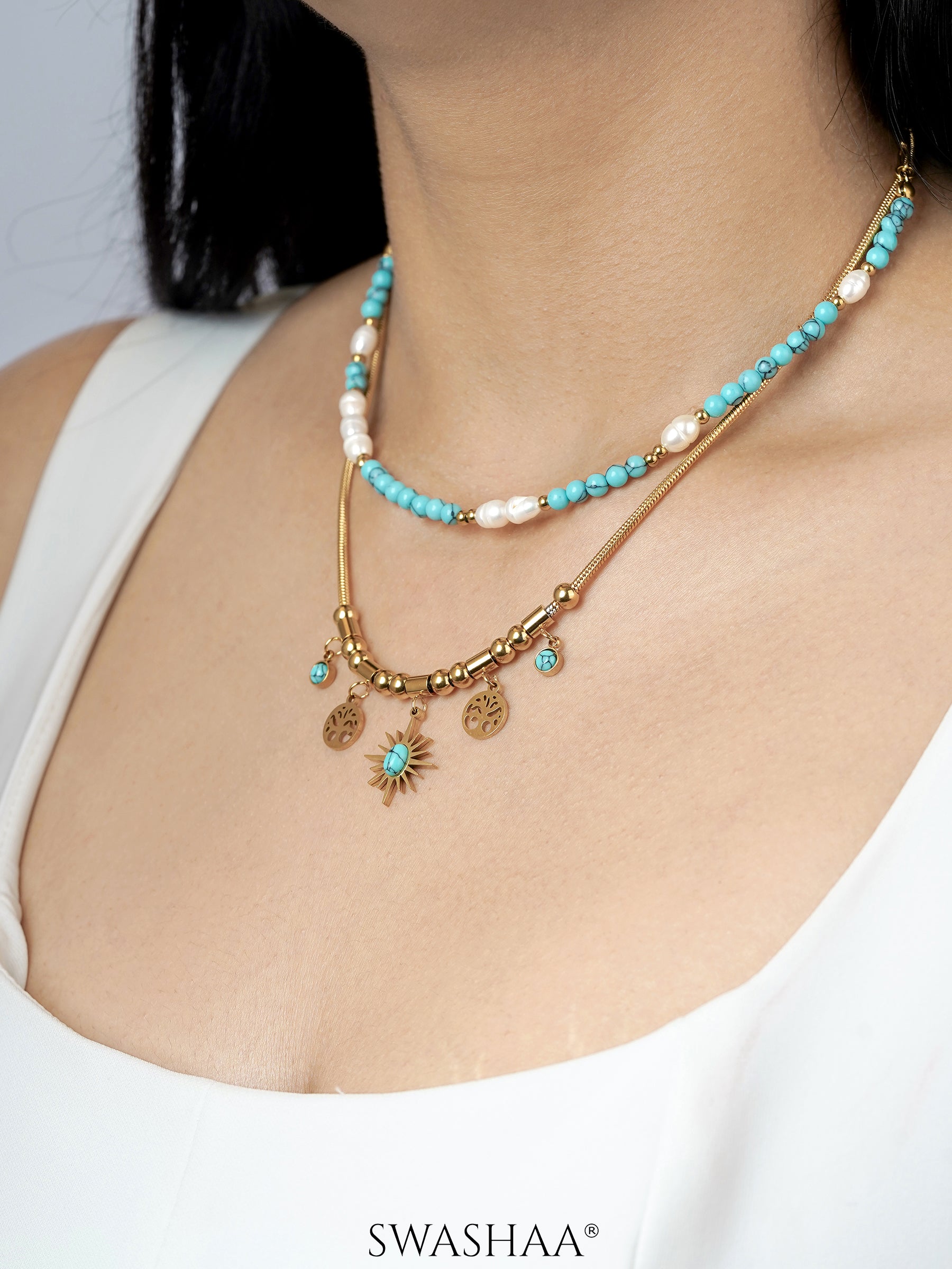 Alira Beaded Layered Celestial Turquoise Sun Charm Gold Beads White Pearl 18K Gold Plated Chain Pendant Necklace