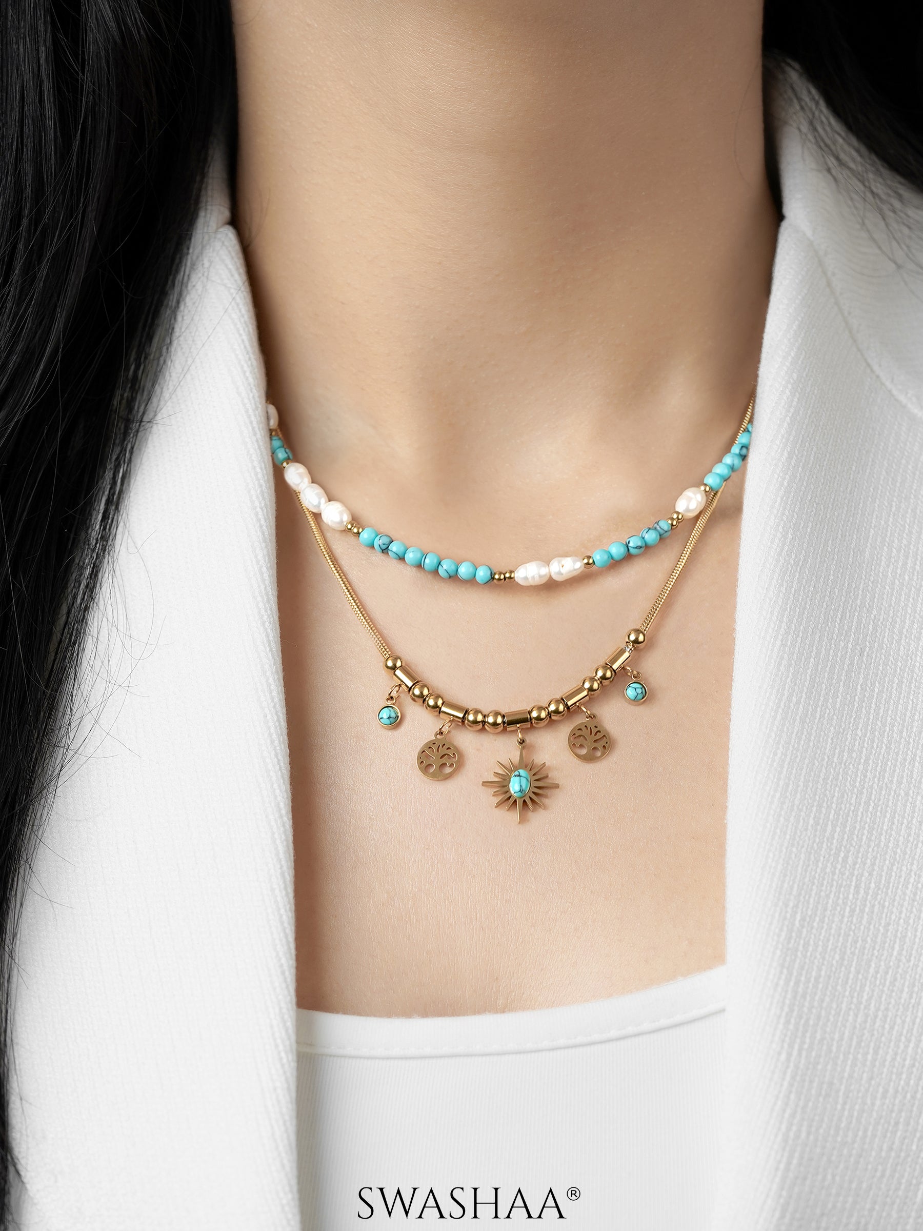 Alira Beaded Layered Celestial Turquoise Sun Charm Gold Beads White Pearl 18K Gold Plated Chain Pendant Necklace