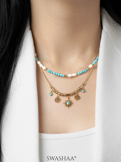 Alira Beaded Layered Celestial Turquoise Sun Charm Gold Beads White Pearl 18K Gold Plated Chain Pendant Necklace