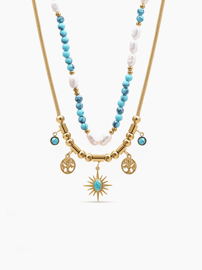 Alira Beaded Layered Celestial Charm 18K Gold Plated Necklace - Swashaa