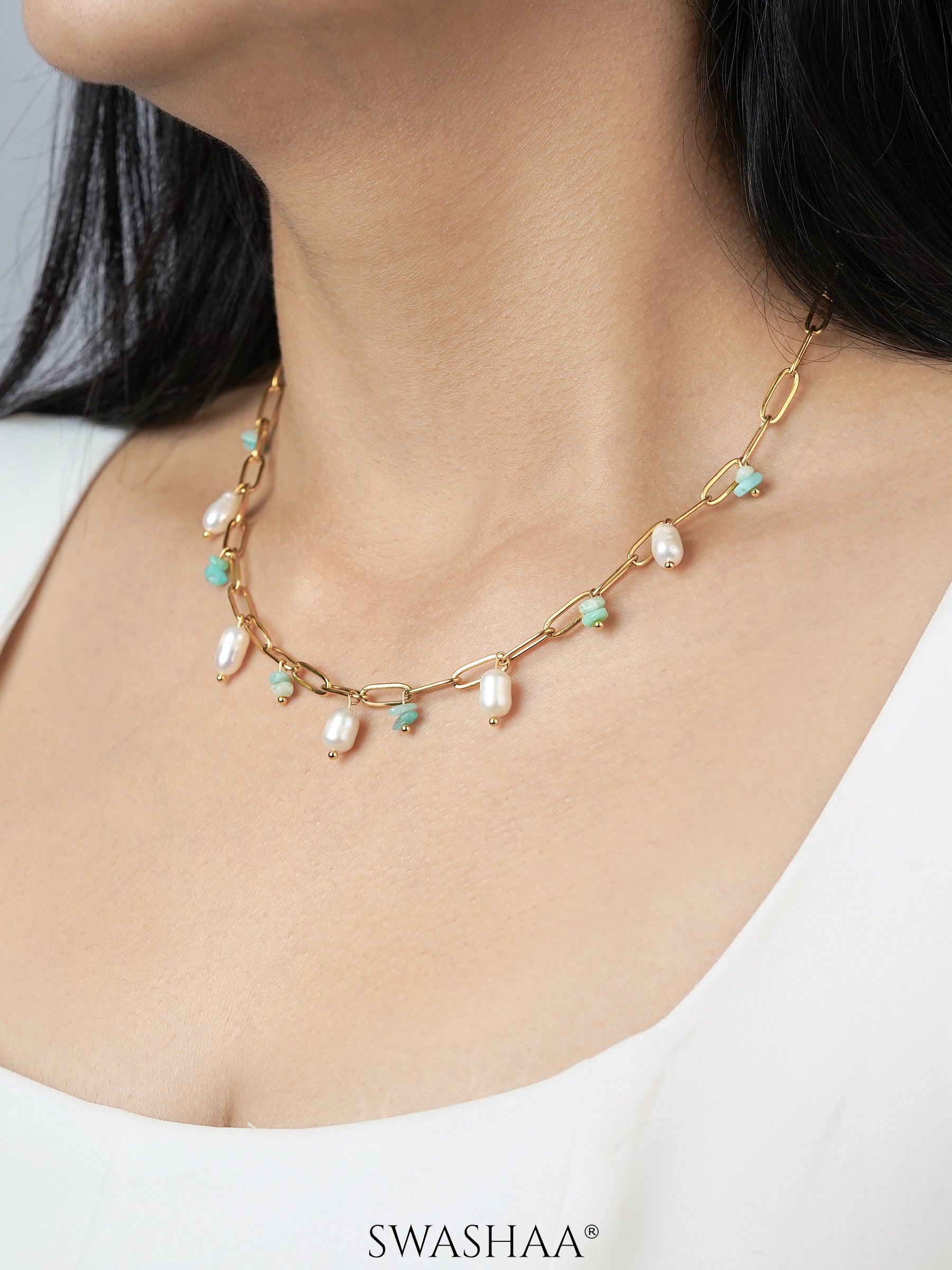 Alka Pearl Aqua Beads Charms 18K Gold Plated Chain Necklace