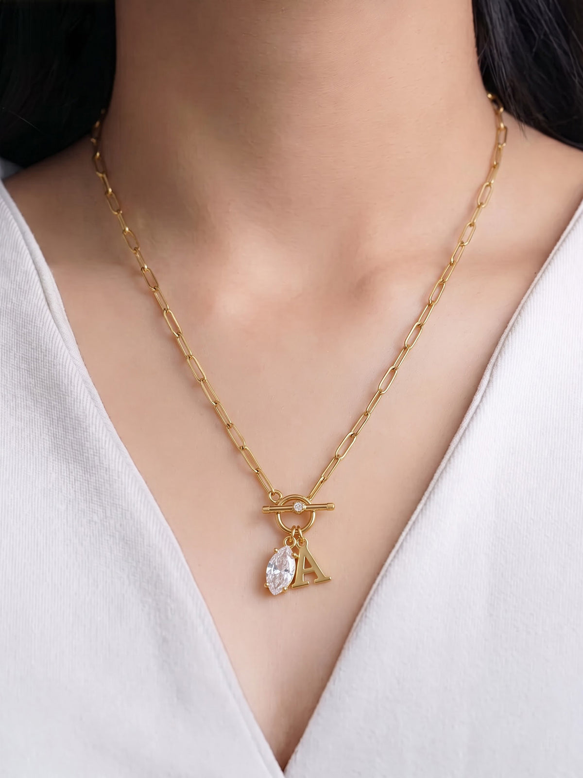Alodia Toggle Diamond Initial 18K Gold Plated Necklace
