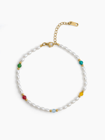 Alya White Oval Pearl Multi-Colour Beads 18K Gold Plated Women's Anklet