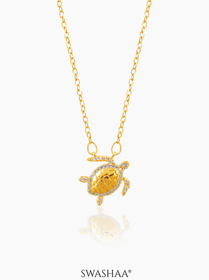 Amara Turtle Charm Shell Of Serenity Studded 18K Gold Plated Chain Pendant Necklace