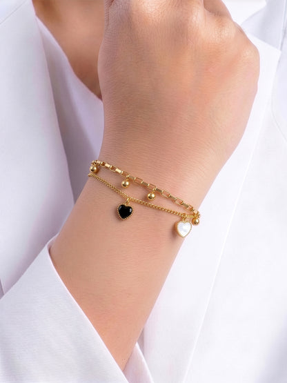 Amarisa Black Heart, Gold Bead Charms, Link Chain 18K Gold Plated Women's Layered Chain Bracelet