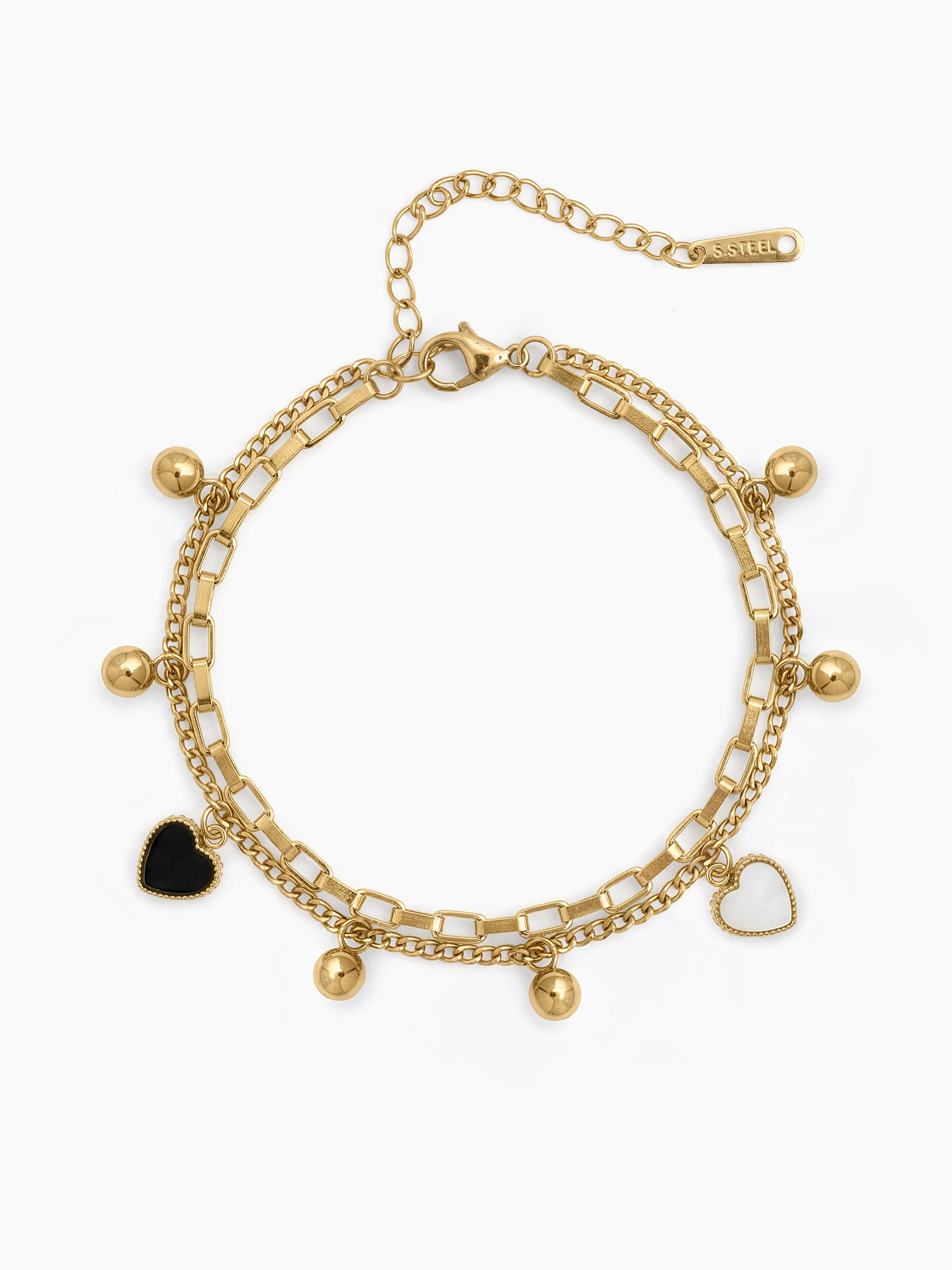 Amarisa Black Heart, Gold Bead Charms, Link Chain 18K Gold Plated Women's Layered Chain Bracelet