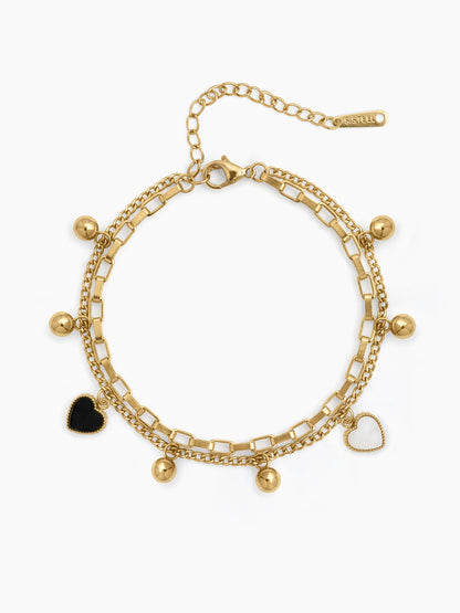 Amarisa Black Heart, Gold Bead Charms, Link Chain 18K Gold Plated Women's Layered Chain Bracelet