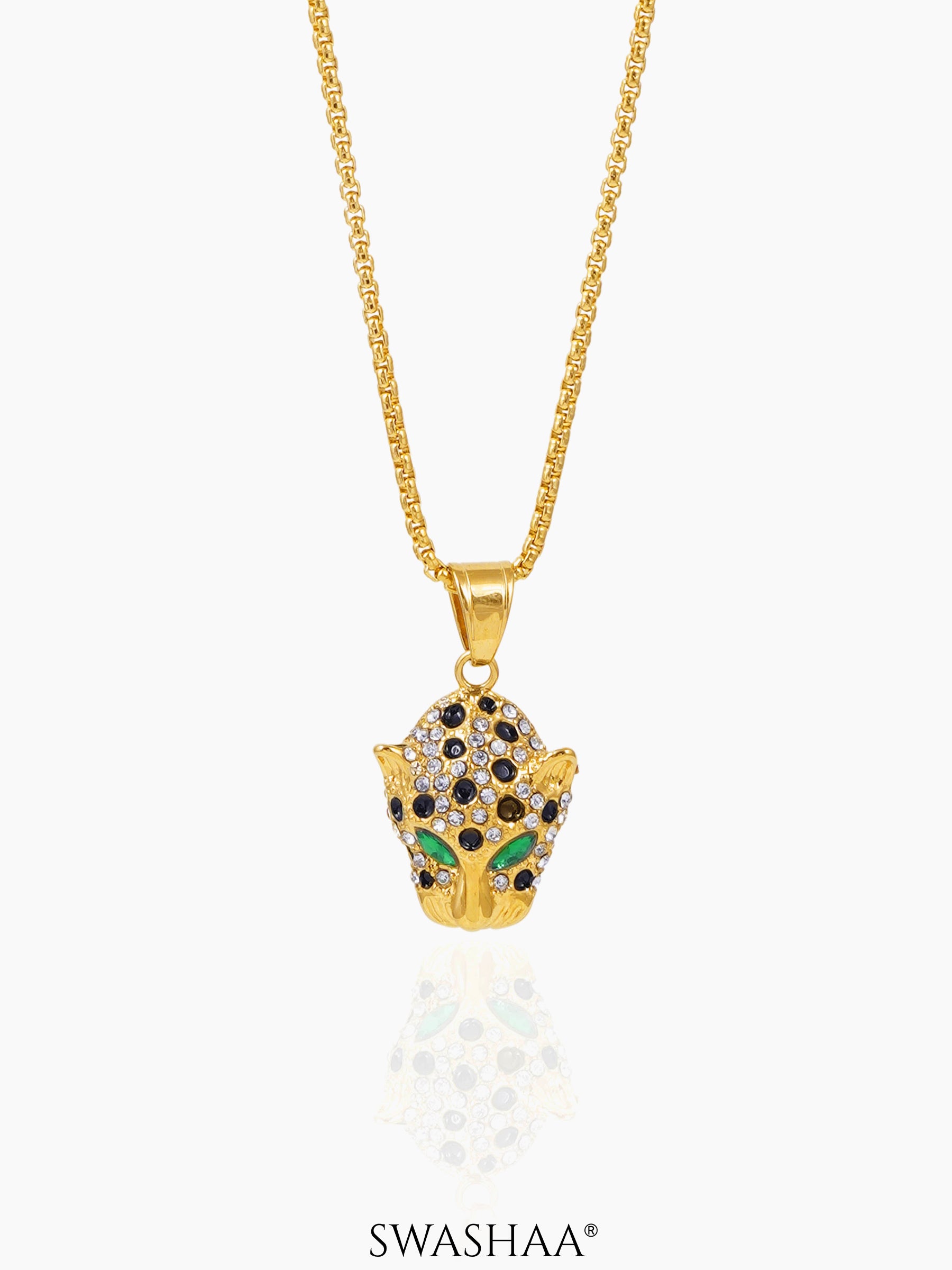 Amur Panther Head Black White Stones Vivid Green Eye 18K Gold Plated Men's Chain Small Pendant