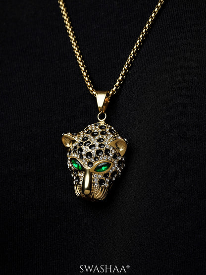 Amur Panther Head Black White Stones Vivid Green Eye 18K Gold Plated Men's Chain Small Pendant