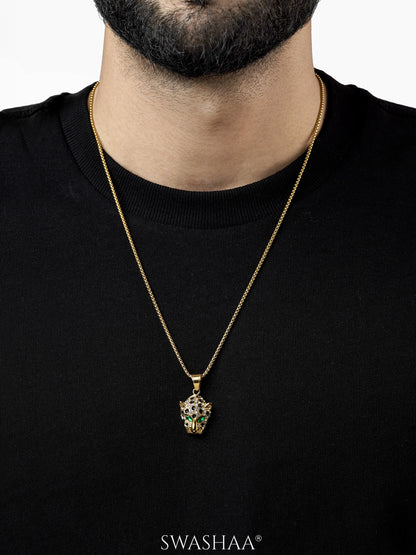 Amur Panther Head Black White Stones Vivid Green Eye 18K Gold Plated Men's Chain Small Pendant