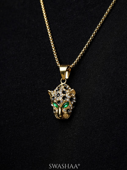 Amur Panther Head Black White Stones Vivid Green Eye 18K Gold Plated Men's Chain Small Pendant