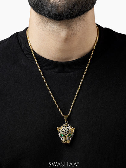 Amur Panther Head Black White Stones Vivid Green Eye 18K Gold Plated Men's Chain Small Pendant