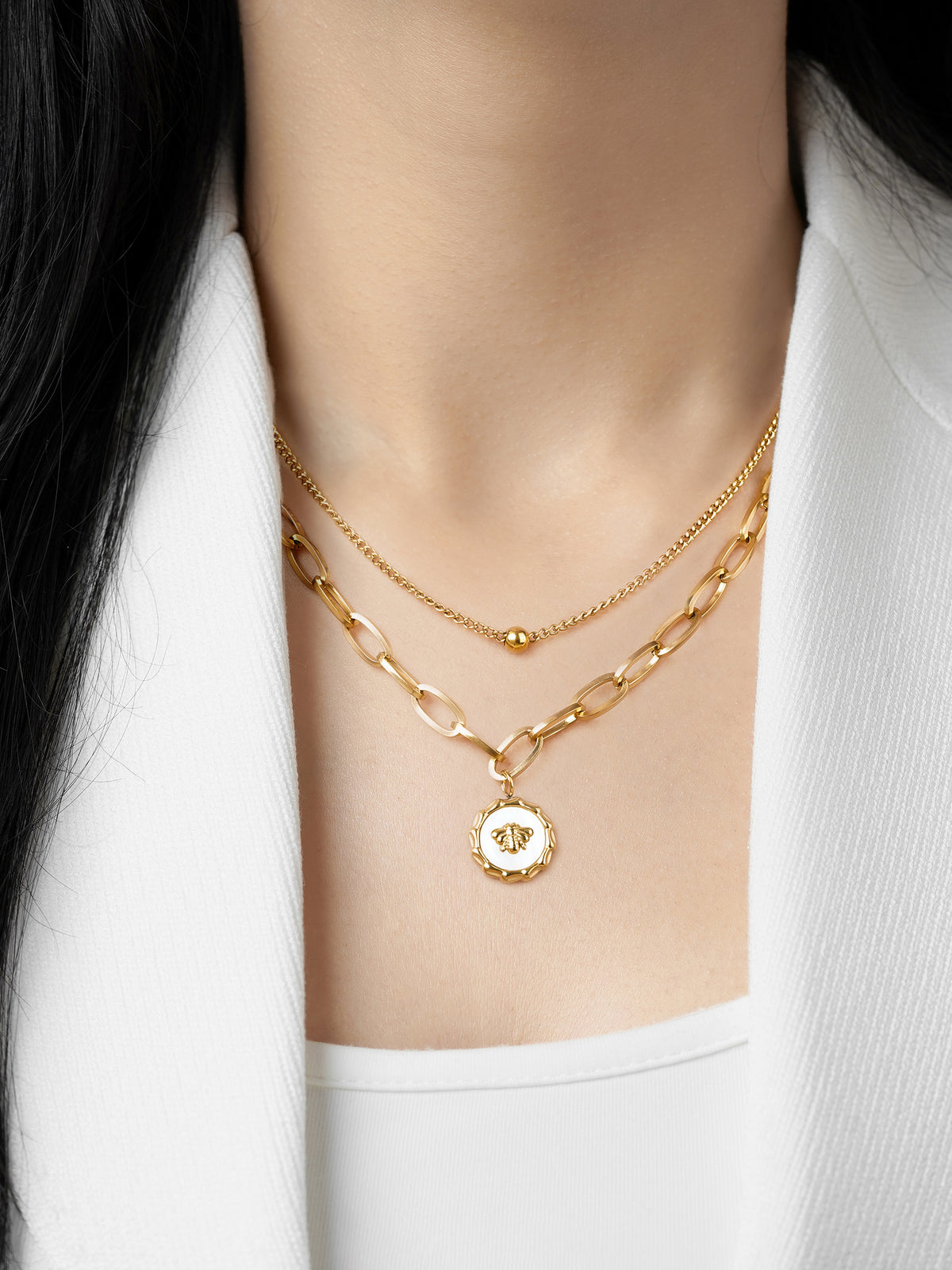 Ana 18K Gold Plated Bee Charm Layered Chain Pendant Necklace