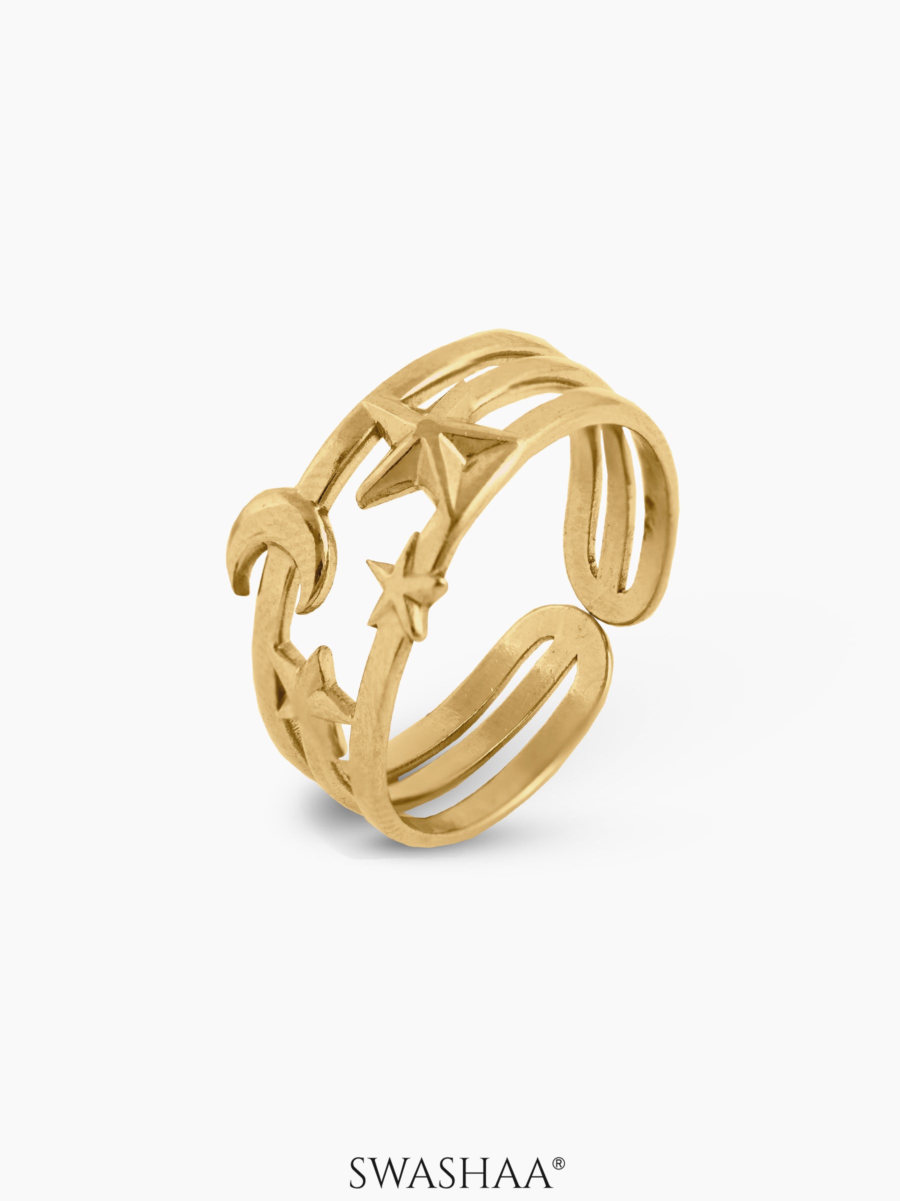 Anahi Moon Star Motif 18K Gold Plated Ring