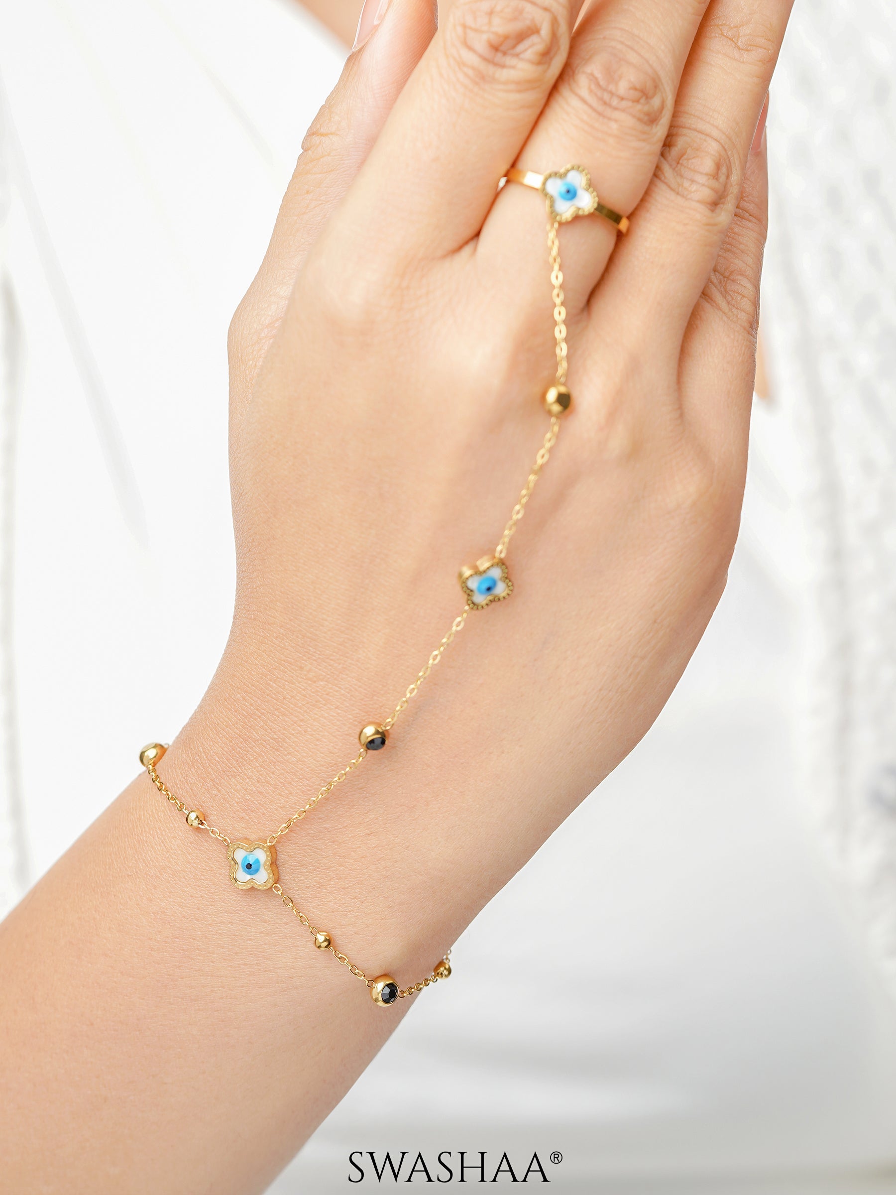 Anaya Evil Eye Clover Black Enamel Diamond Crystal Charms 18K Gold Plated Ring Bracelet