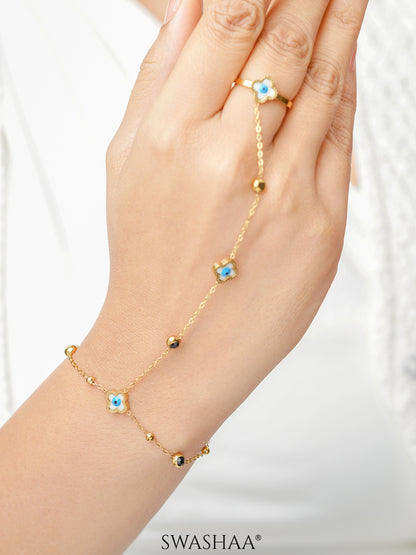 Anaya Evil Eye Clover Black Enamel Diamond Crystal Charms 18K Gold Plated Ring Bracelet