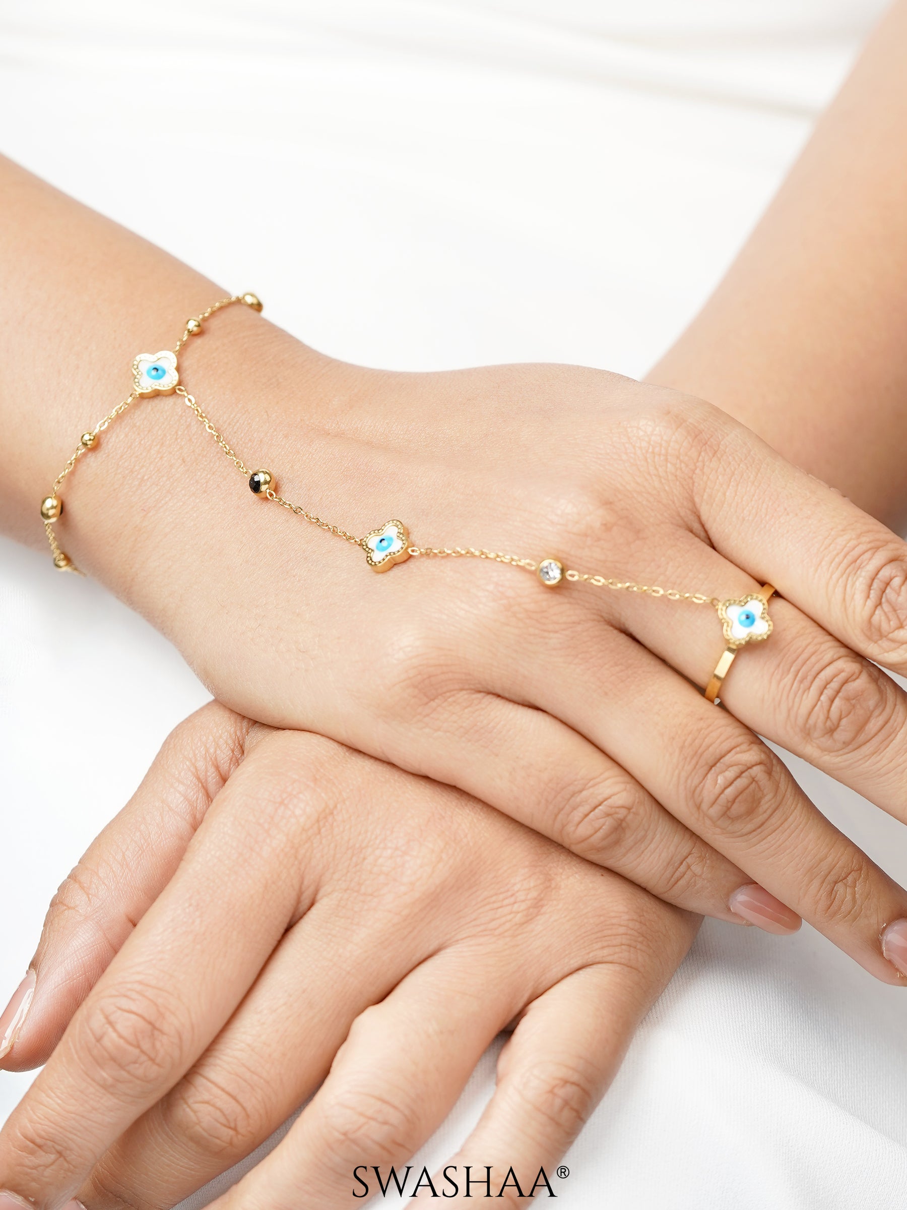 Anaya Evil Eye Clover Black Enamel Diamond Crystal Charms 18K Gold Plated Ring Bracelet