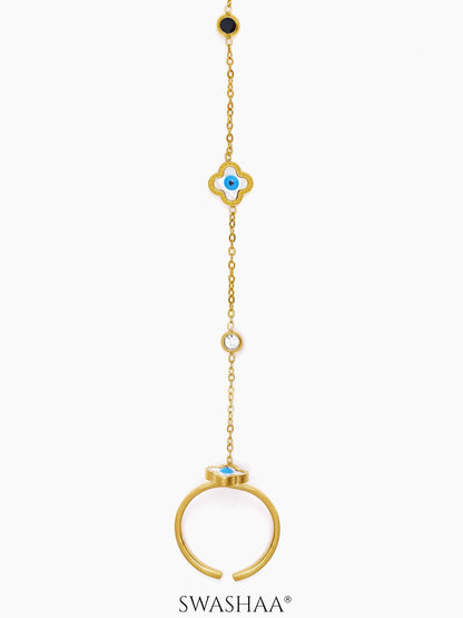 Anaya Evil Eye Clover Black Enamel Diamond Crystal Charms 18K Gold Plated Ring Bracelet