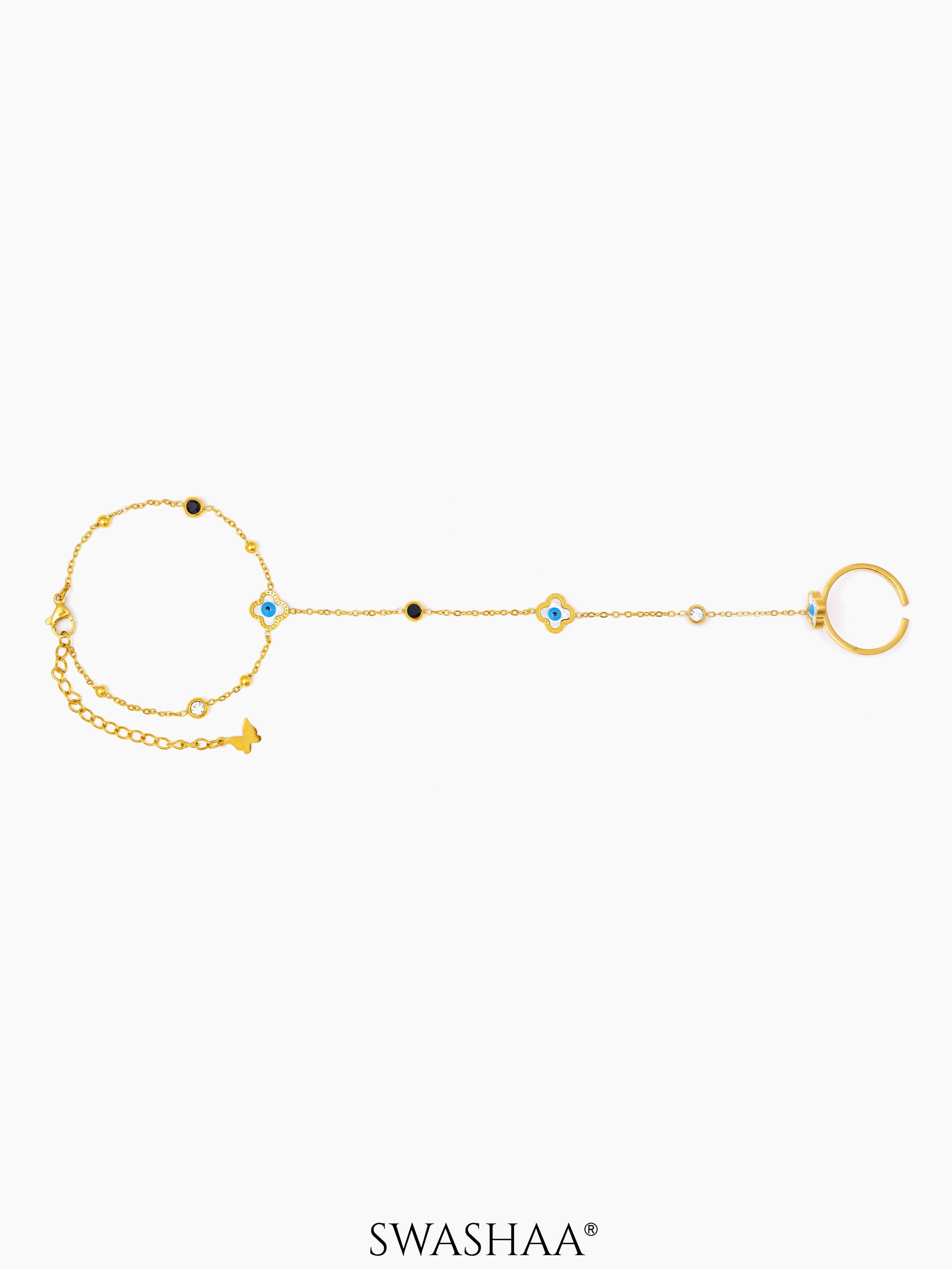 Anaya Evil Eye Clover Black Enamel Diamond Crystal Charms 18K Gold Plated Ring Bracelet