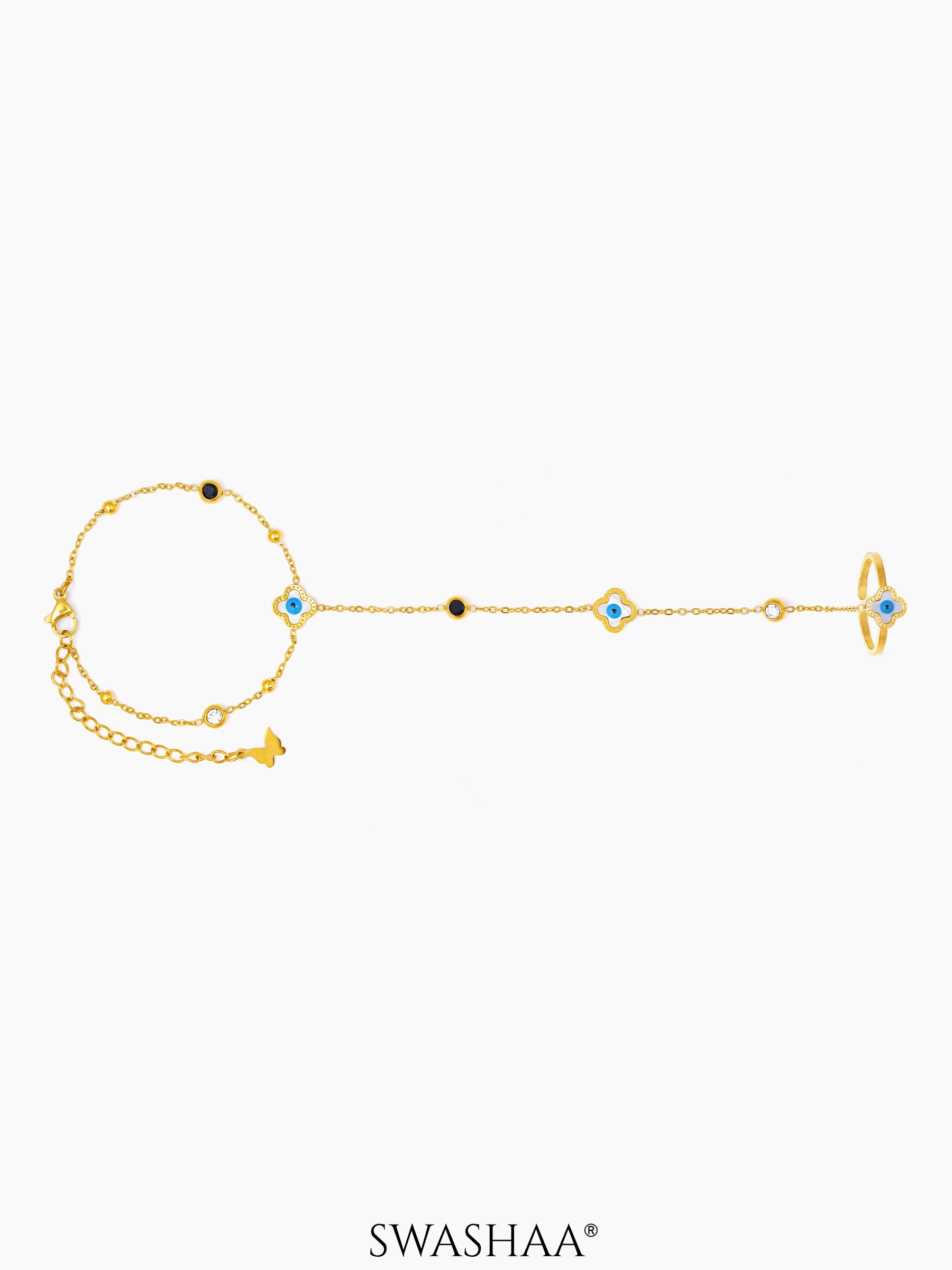 Anaya Evil Eye Clover 18K Gold Plated Ring Bracelet