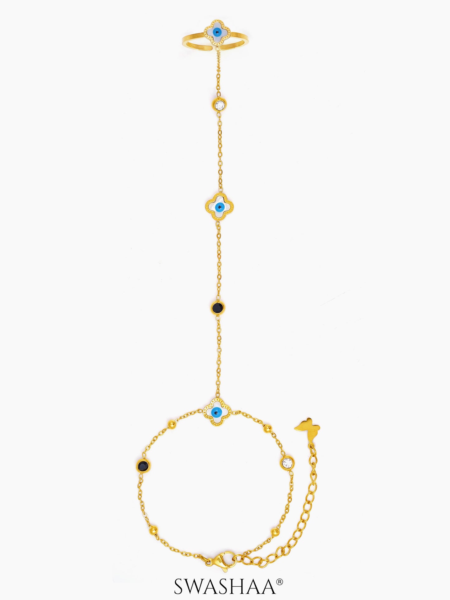 Anaya Evil Eye Clover 18K Gold Plated Ring Bracelet
