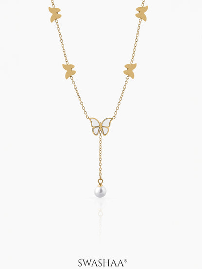 Anira Pearl Butterfly Charm 18K Gold Plated Chain Pendant Necklace 