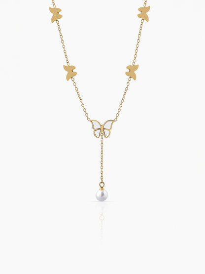 Anira Pearl Butterfly Charm 18K Gold Plated Chain Pendant Necklace 