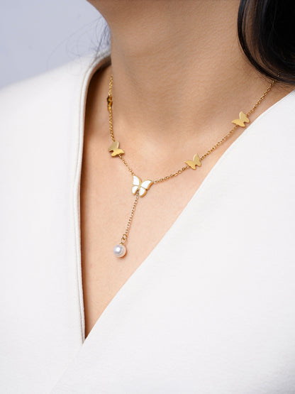 Anira Pearl Butterfly Charm 18K Gold Plated Chain Pendant Necklace 