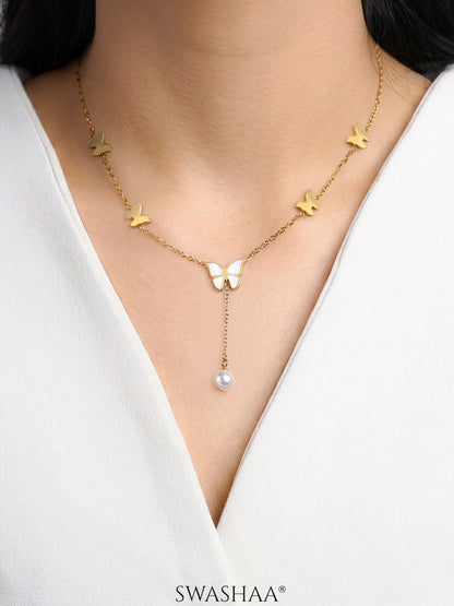 Anira Pearl Butterfly Charm 18K Gold Plated Chain Pendant Necklace 