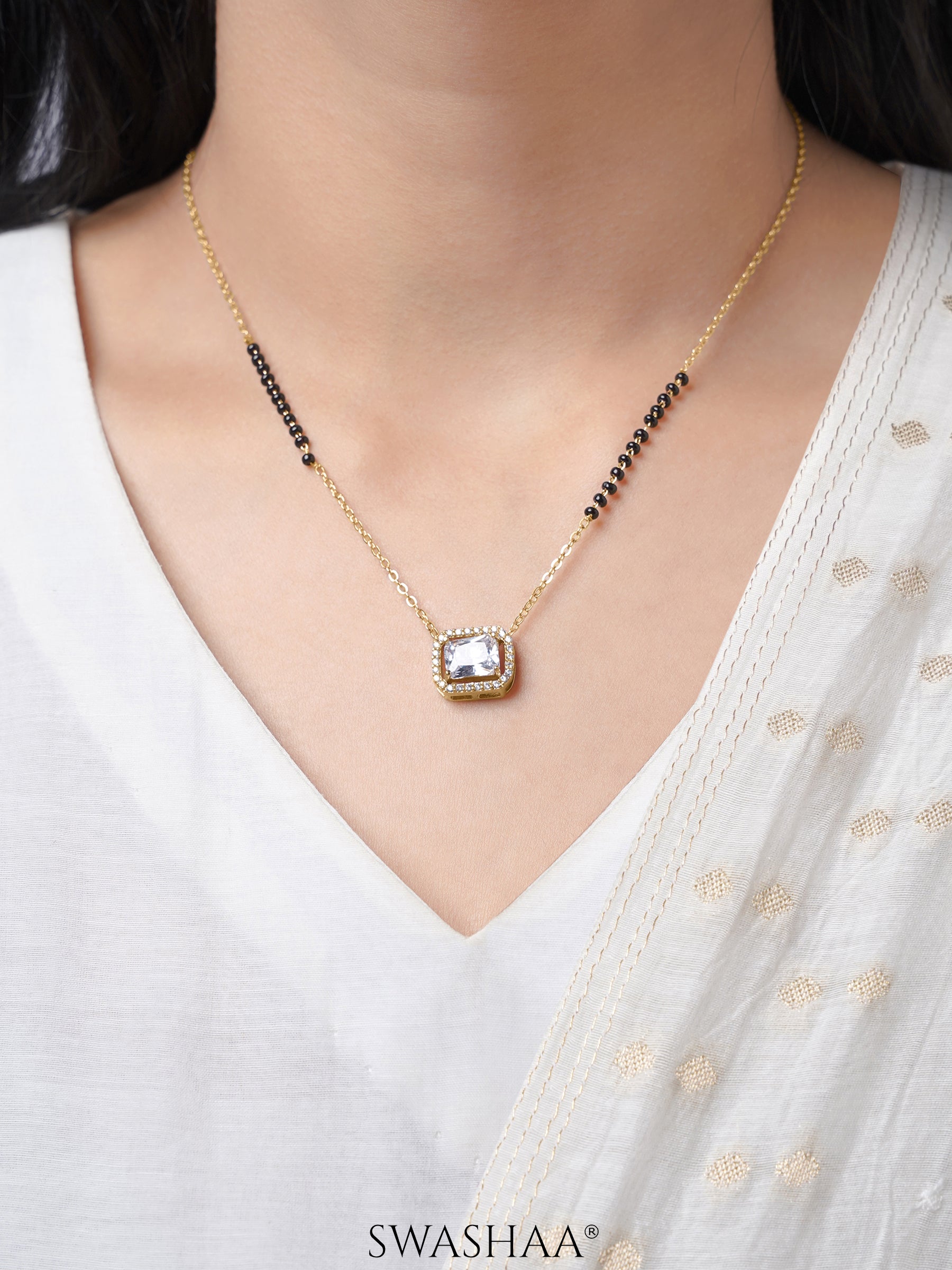 Anisa Diamond Rectangle Solitaire Halo 18K Gold Plated Mangalsutra