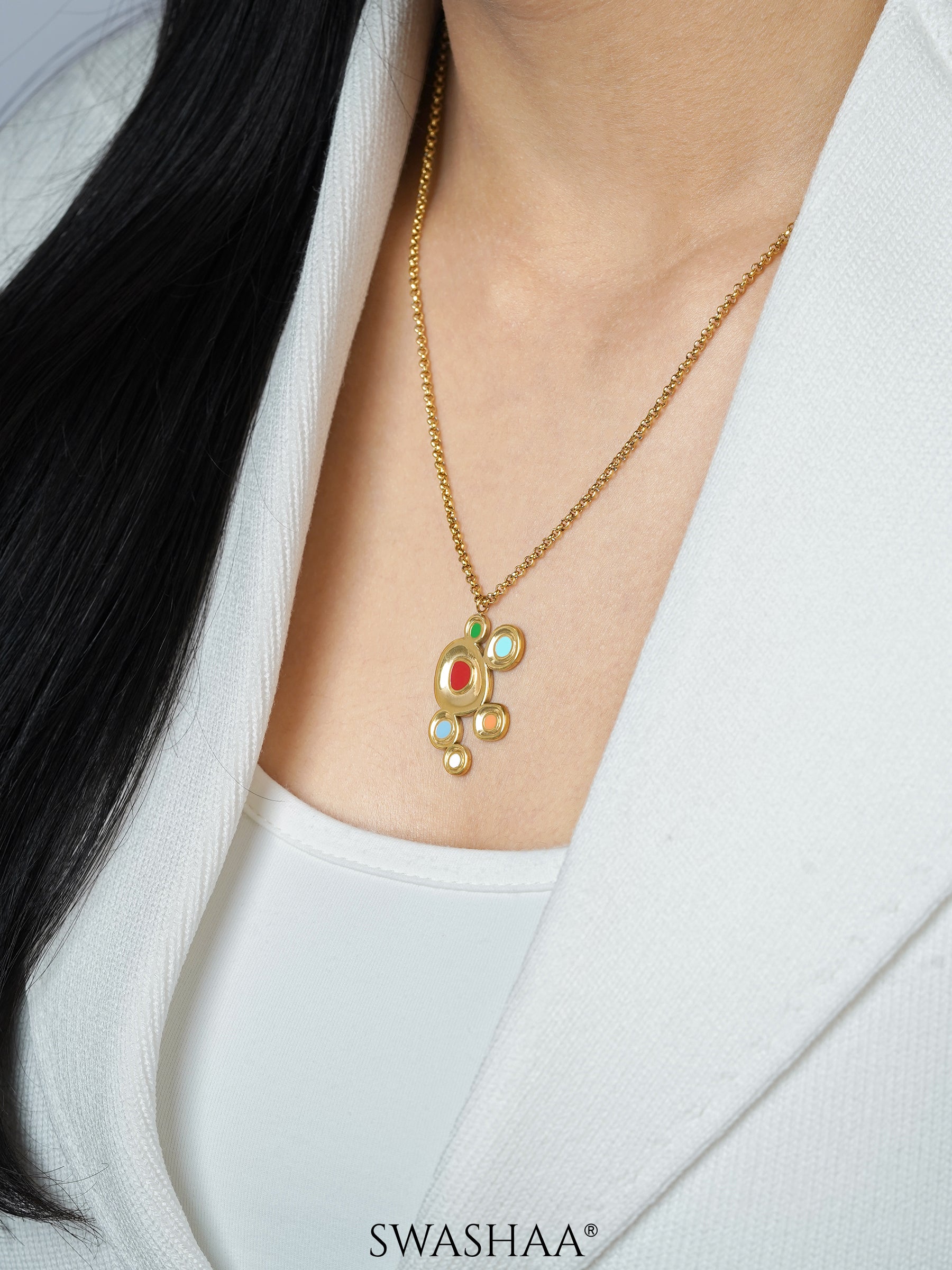 Antonia Red Green Blue Dots Charm 18K Gold Plated Chain Pendant Necklace