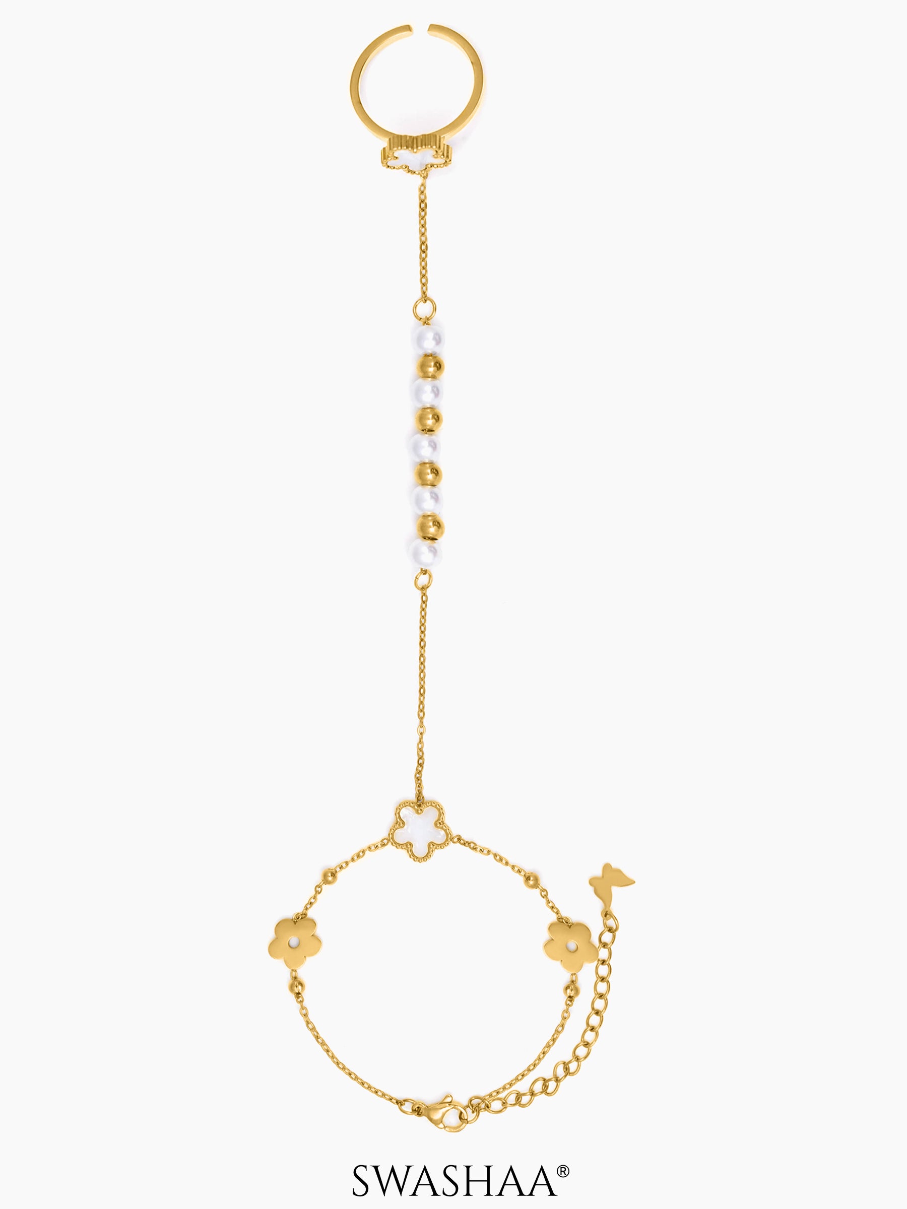 Anvika White Enamel Flower 18K Gold Plated Ring Bracelet