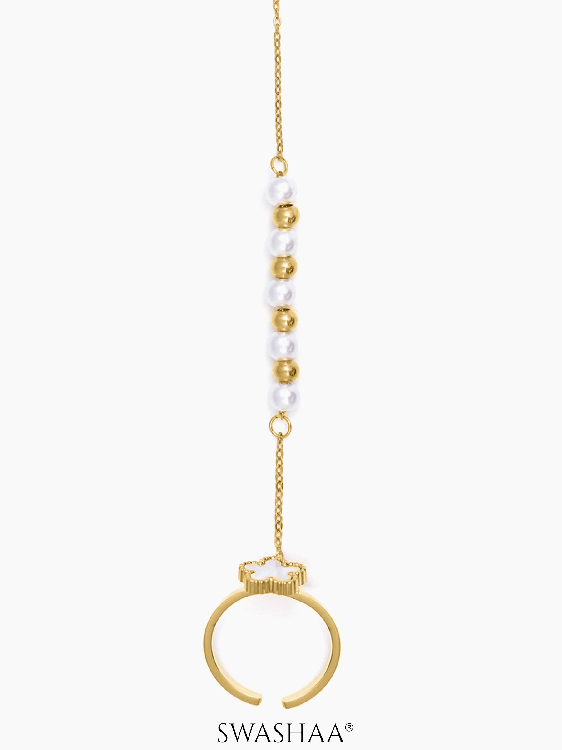 Anvika White Enamel Flower Charm Pearl Gold Beads 18K Gold Plated Ring Bracelet
