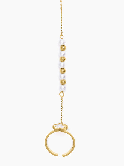 Anvika White Enamel Flower Charm Pearl Gold Beads 18K Gold Plated Ring Bracelet