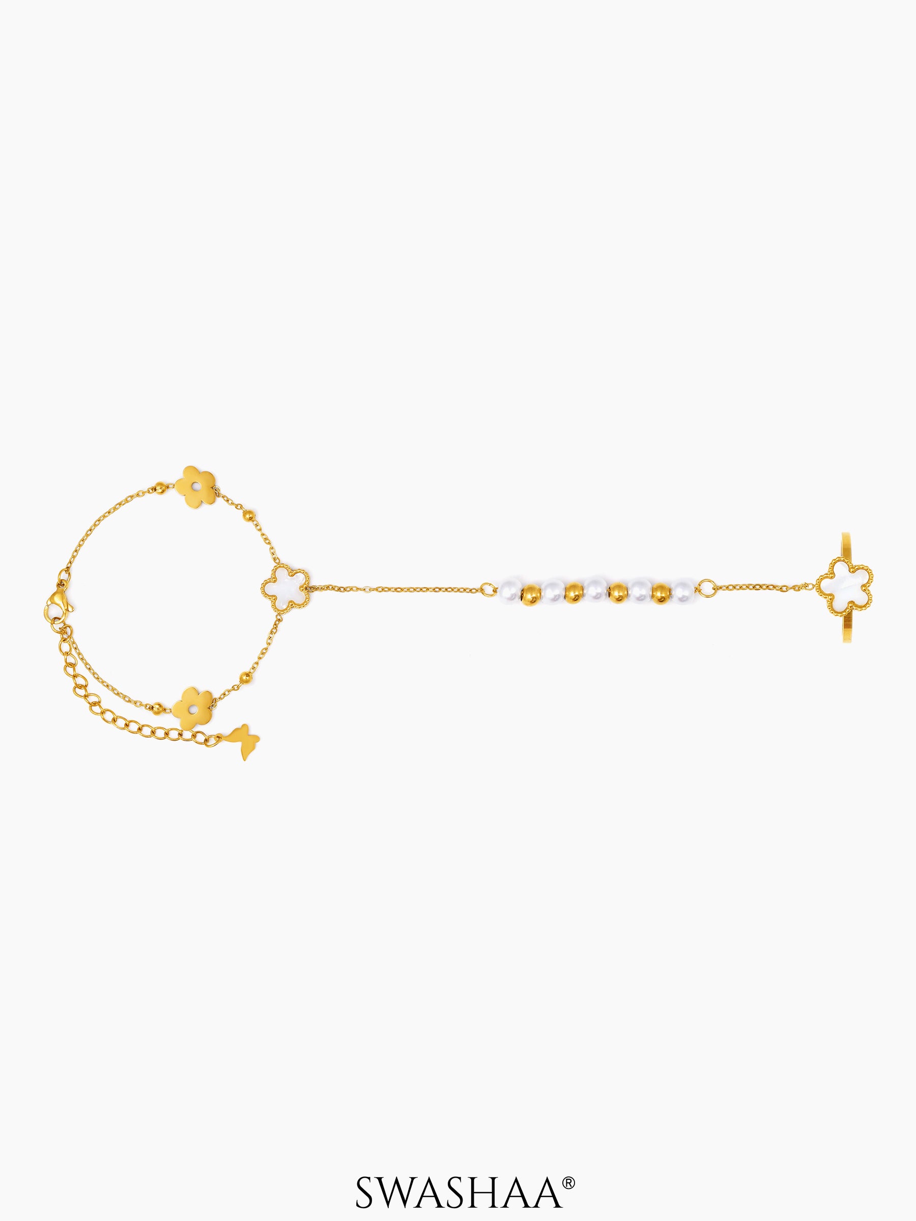 Anvika White Enamel Flower Charm Pearl Gold Beads 18K Gold Plated Ring Bracelet