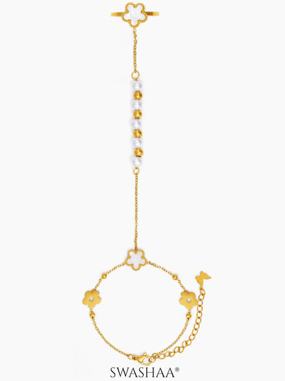 Anvika White Enamel Flower Charm Pearl Gold Beads 18K Gold Plated Ring Bracelet