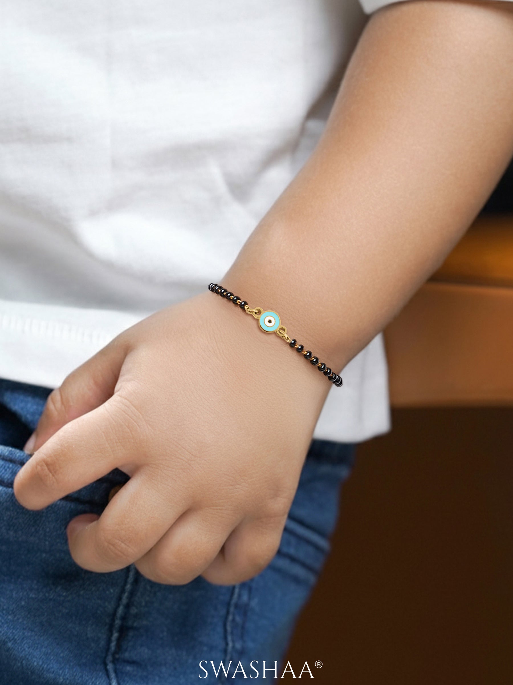 Aqua Evil Eye Charm 18K Gold Plated Kid's Nazariya Bracelet