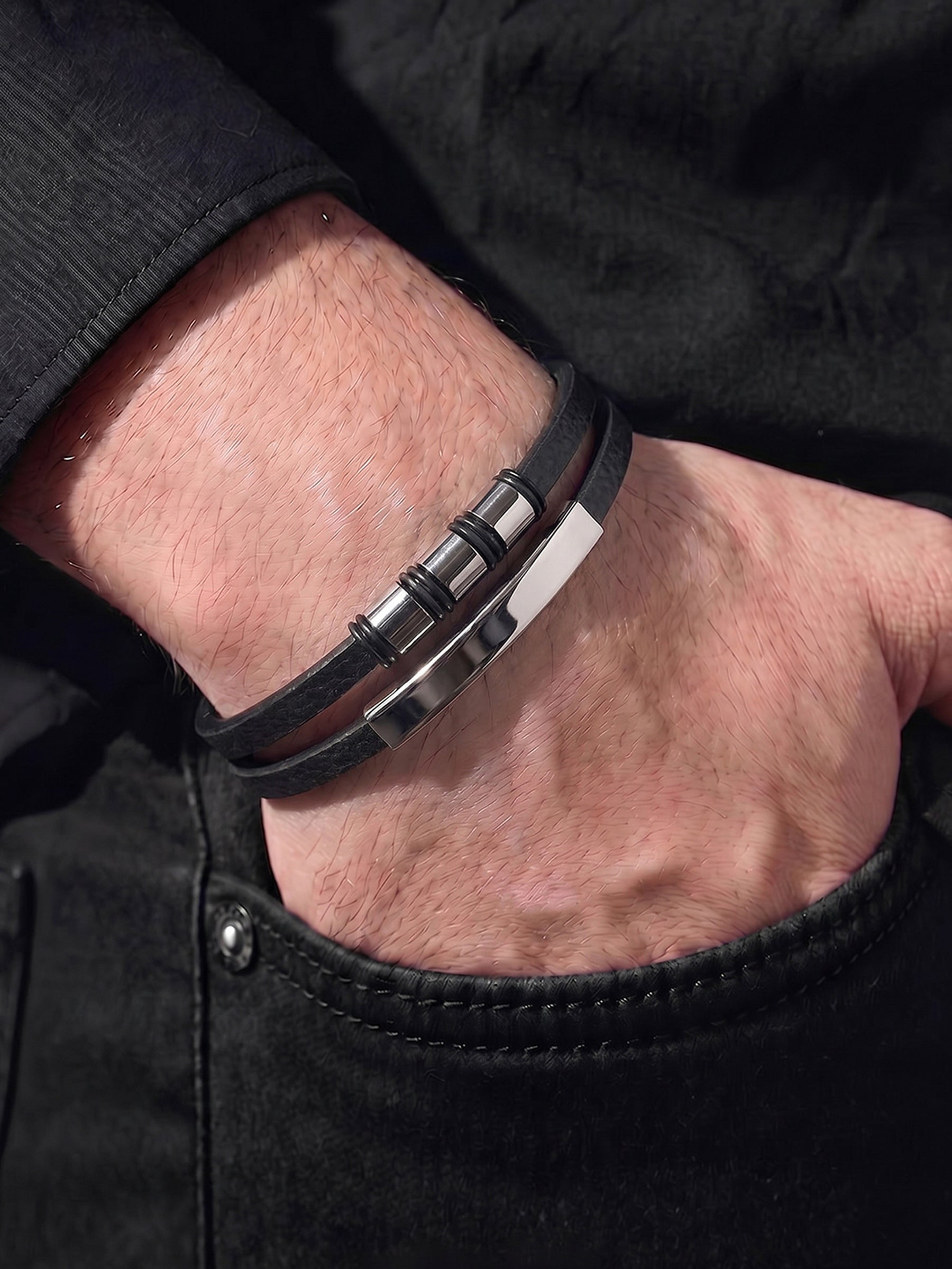 Arelon Beads Men's Dual Silver - Black Leather Bracelet