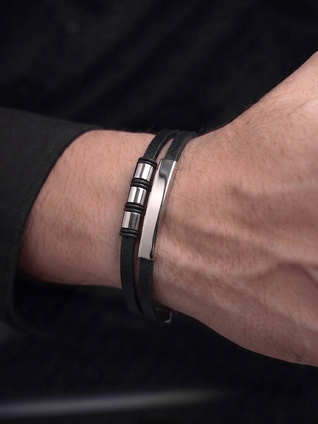 Arelon Beads Men's Dual Silver - Black Leather Bracelet