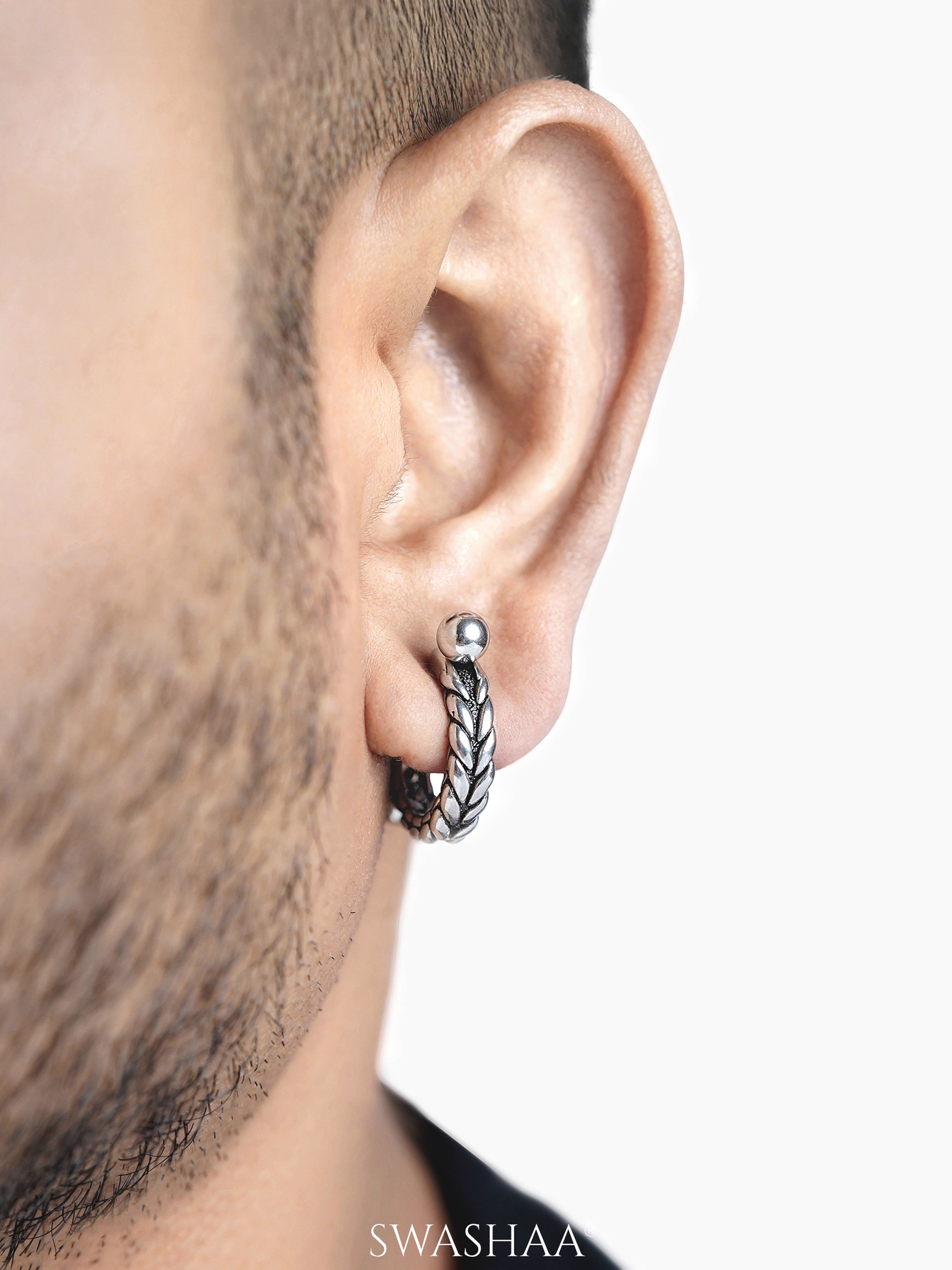 Ares Braided Textured Leaf Pattern Men's Hoop Earrings